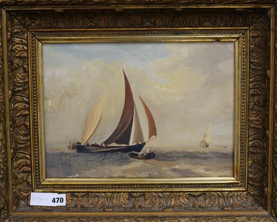 Manner of George Chambers, oil on board, fishing boats at sea, 25 x 36cm